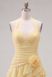 Blue Halter Bodycon Tiered Ruched Homecoming Dress with 3D Flower