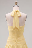 Blue Halter Bodycon Tiered Ruched Homecoming Dress with 3D Flower