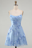 A-Line Yellow Floral Embroidery Short Homecoming Dress with Lace Up Back