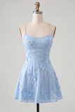A-Line Yellow Floral Embroidery Short Homecoming Dress with Lace Up Back