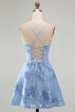 A-Line Yellow Floral Embroidery Short Homecoming Dress with Lace Up Back