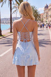 A-Line Yellow Floral Embroidery Short Homecoming Dress with Lace Up Back