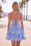 A-Line Yellow Floral Embroidery Short Homecoming Dress with Lace Up Back
