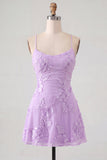 A-Line Yellow Floral Embroidery Short Homecoming Dress with Lace Up Back