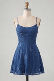 A-Line Yellow Floral Embroidery Short Homecoming Dress with Lace Up Back