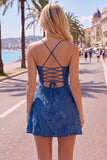A-Line Yellow Floral Embroidery Short Homecoming Dress with Lace Up Back