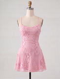 A-Line Yellow Floral Embroidery Short Homecoming Dress with Lace Up Back