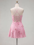 A-Line Yellow Floral Embroidery Short Homecoming Dress with Lace Up Back