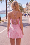 A-Line Yellow Floral Embroidery Short Homecoming Dress with Lace Up Back