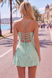 A-Line Yellow Floral Embroidery Short Homecoming Dress with Lace Up Back