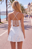 A-Line Yellow Floral Embroidery Short Homecoming Dress with Lace Up Back