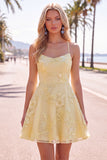 Butter Yellow A-Line Floral Embroidery Short Homecoming Dress with Lace Up Back