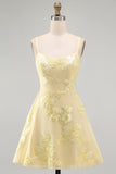 Butter Yellow A-Line Floral Embroidery Short Homecoming Dress with Lace Up Back