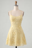 A-Line Yellow Floral Embroidery Short Homecoming Dress with Lace Up Back