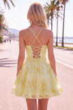 Butter Yellow A-Line Floral Embroidery Short Homecoming Dress with Lace Up Back