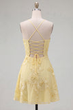 A-Line Yellow Floral Embroidery Short Homecoming Dress with Lace Up Back