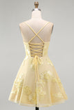 Butter Yellow A-Line Floral Embroidery Short Homecoming Dress with Lace Up Back