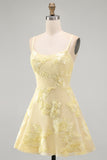 Butter Yellow A-Line Floral Embroidery Short Homecoming Dress with Lace Up Back