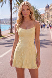 A-Line Yellow Floral Embroidery Short Homecoming Dress with Lace Up Back