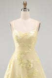 Butter Yellow A-Line Floral Embroidery Short Homecoming Dress with Lace Up Back