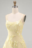Butter Yellow A-Line Floral Embroidery Short Homecoming Dress with Lace Up Back