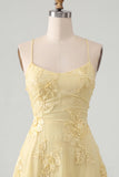 A-Line Yellow Floral Embroidery Short Homecoming Dress with Lace Up Back