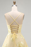 Butter Yellow A-Line Floral Embroidery Short Homecoming Dress with Lace Up Back