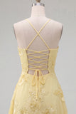 A-Line Yellow Floral Embroidery Short Homecoming Dress with Lace Up Back