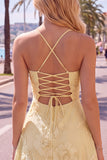 A-Line Yellow Floral Embroidery Short Homecoming Dress with Lace Up Back