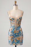 Blue Flower Bodycon Corset Sequins Lace Up Back Spaghetti Straps Short Homecoming Dress