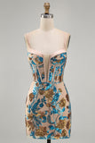 Blue Flower Bodycon Corset Sequins Short Homecoming Dress with Lace Up Back