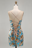 Blue Flower Bodycon Corset Sequins Short Homecoming Dress with Lace Up Back