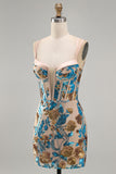 Blue Flower Bodycon Corset Sequins Short Homecoming Dress with Lace Up Back
