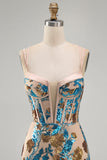 Blue Flower Bodycon Corset Sequins Short Homecoming Dress with Lace Up Back