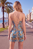 Blue Flower Bodycon Corset Sequins Lace Up Back Spaghetti Straps Short Homecoming Dress