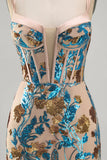 Blue Flower Bodycon Corset Sequins Short Homecoming Dress with Lace Up Back