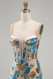 Blue Flower Bodycon Corset Sequins Short Homecoming Dress with Lace Up Back