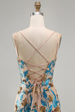 Blue Flower Bodycon Corset Sequins Short Homecoming Dress with Lace Up Back