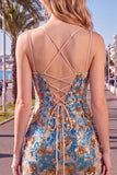 Blue Flower Bodycon Corset Sequins Lace Up Back Spaghetti Straps Short Homecoming Dress