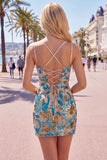 Blue Flower Bodycon Corset Sequins Short Homecoming Dress with Lace Up Back