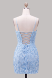 Pink Yellow Floral Bodycon Lace Up Back Spaghetti Straps Short Homecoming Dress with Beading