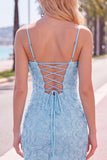 Pink Yellow Floral Bodycon Lace Up Back Spaghetti Straps Short Homecoming Dress with Beading