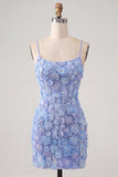 Pink Yellow Floral Bodycon Lace Up Back Spaghetti Straps Short Homecoming Dress with Beading