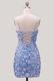 Pink Yellow Floral Bodycon Lace Up Back Spaghetti Straps Short Homecoming Dress with Beading
