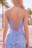 Pink Yellow Floral Bodycon Lace Up Back Spaghetti Straps Short Homecoming Dress with Beading