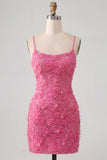 Pink Yellow Floral Bodycon Lace Up Back Spaghetti Straps Short Homecoming Dress with Beading