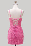 Pink Yellow Floral Bodycon Lace Up Back Spaghetti Straps Short Homecoming Dress with Beading