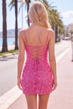 Pink Yellow Floral Bodycon Lace Up Back Spaghetti Straps Short Homecoming Dress with Beading
