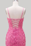 Pink Yellow Floral Bodycon Lace Up Back Spaghetti Straps Short Homecoming Dress with Beading