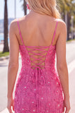Pink Yellow Floral Bodycon Lace Up Back Spaghetti Straps Short Homecoming Dress with Beading